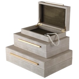 YHomU Modern Decorative Jewelry Storage Boxes, Set of 3 Stackable Organizers with Lids, Ivory, Wood with PU Leather Exterior, 9.85.92.8in, 11.87.93.3in, 13.89.83.9in