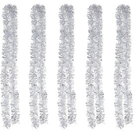 POFET 5PCS Christmas 2m Silver Tinsel Metallic Garland Sparkling Hanging Decoration for Christmas Tree Wreath Wedding Party Supplies