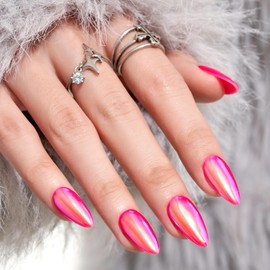 Press on Nails Medium Almond - Hot Pink Chrome Fake Nails,Supremely Fit &Natural Glue on Nails, Reusable Stick On Nails with Mini Nail File, Glue, 12 Sizes Handmade False Nail Kit