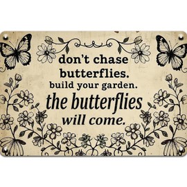 Seeyoo Butterfly Garden Tin Sign The Butterflies Will Come Metal Sign Gifts Decorations for Home Greenhouse Patio Living Room Bedroom Yard Backyard Outdoor Decor 8X12 Inch