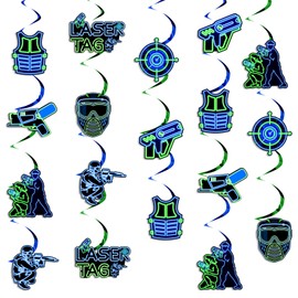 Fangleland 24Pcs Laser Tag Hanging Swirl Decorations, Neon Themed Game Foil Swirls Ceiling Streamers for Boys Men, Birthday Bachelorette Party Supplies Window Door Decors