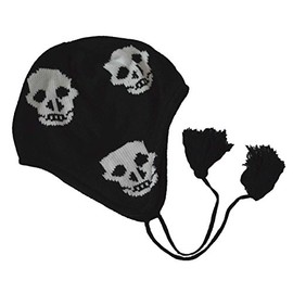 Nayt Skull Peruvian Helmet Beanie Black White with Strings