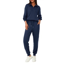 BTFBM Women's 2 Piece Tracksuit Fall Outfits 2025 Long Sleeve Half Zip Sweatshirt Sweatpants Lounge Set Sweatsuits(Solid Navy,Small)