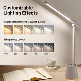 Pak LED Desk Lamp, Dimmable Eye-Caring Desk Light with 5 Color Modes & Brightness Levels, Portable Small Study Reading Table Lamp with Night Mode, Touch Control, Ideal for Home Office, Dorm, White