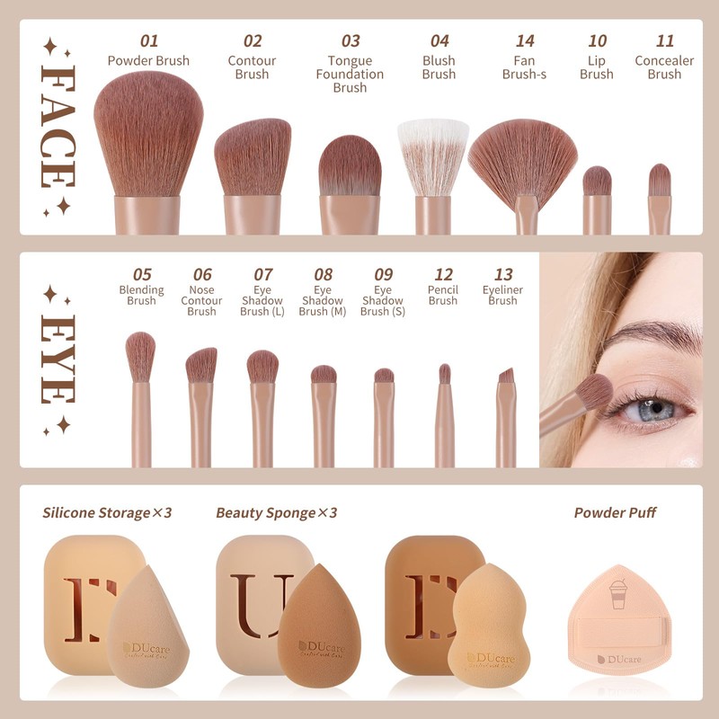 DUcare Makeup Brushes 14Pcs Coffee Series Makeup Brush set with