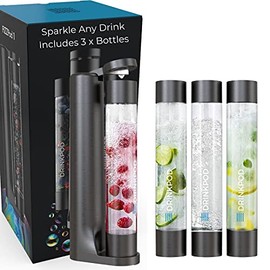 FIZZpod Soda Maker - Fizzy Drink Machine with 3 PET Bottles, 3 Caps, 1 Carbonator Cap and Manual - Make Homemade Sparkle Water, Juice, Coffee, Tea and Cocktail Drinks with Fruit - Black