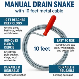 Manual Drain Snake & Auger Tool – 10 Ft Metal Clog Remover for Sinks, Tubs, Toilets & Showers – Hair & Food Drain Cleaner for Kitchen & Bathroom