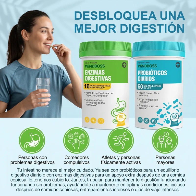 Windboss Probióticos Enzimas Digestivas 2x60 Cápsulas