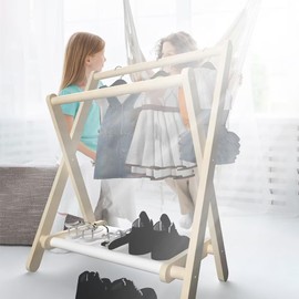 Kids Clothing Rack,Kids Dress Up Rack with Bottom Storage Shelf & Double Hanging Rods,Small and Foldable,Kids Clothes Rack for Nursery Child's Room, Wood W 17 x L 33 x H 41 inches(H024-Natural)