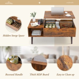NEWBULIG Brown Wood Lift Top Coffee Table with Storage Shelf for Living Room and Dining