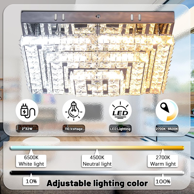 Cainjiazh Crystal Chandeliers Crystal LED Ceiling Light 11.8" Square Flush