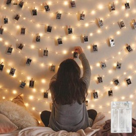Photo Clip String Lights Battery Powered with 100 Clear Clips, 100 LED Fairy Starry String Lights, Silver Wire Fairy String Lights for Hanging Photo Wall Wedding Party Christmas Decor