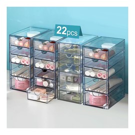 Acrylic Drawer Organizer with 22 Drawers, 4 Set Make Up Desk Organizer, Office Organization and Storage, Clear Stackable Storage Drawers, Craft Organization for Countertop, Jewelry, Pen, Art Supply
