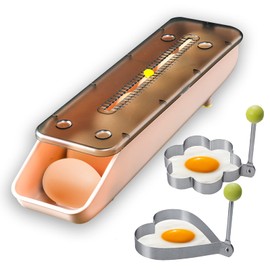 QeeHeng Egg Holder for Refrigerator with 4 Pack Stainless Steel Egg Cooking Rings, Household Egg Fresh Storage Box for Fridge, Automatic Rolling Chicken Egg Storage Container with Lid