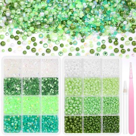 2 Boxes Green Flatback Pearls and Rhinestones for Crafting, 3-5 mm Jelly Resin Rhinestones for Nail Gems Bedazzling, Mixed Size Half Pearls for Nail Jewelry DIY Nail Art Decoration