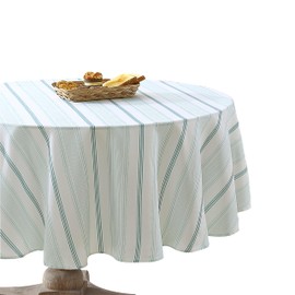 Laura Ashley Decorative Tablecloth, Wrinkle and Stain Resistant, Spillproof Water Repellent, Easy Care Washable Polyester Fabric for Dining, Kitchen, Holiday and Party, 70" Round, Teal Stripe