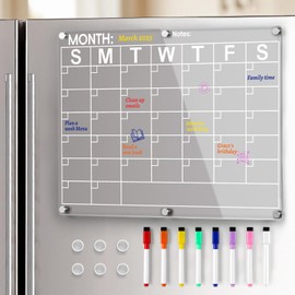 Large Acrylic Magnetic Calendar for Refrigerator, Clear Fridge Calendar with 8 Color Markers, Monthly Planning Board for Business Meetings/Anniversary/Shopping List, Dry Erase - 14.5 * 11.5''