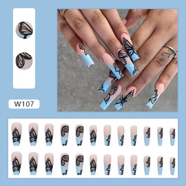 Press on Nails Long Square Length, Full Cover Reusable Ballerina Fake Nails Kits, Glue On Nails with Butterfly Designs, Artificial Fingernails Acrylic Fake Nails for Women, Stick on Nails Coffin Shape