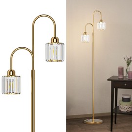 irotine 2-Light Gold Crystal Floor Lamp for Living Room, Modern Elegance Crystal Floor Lamp for Bedroom, On/Off Foot Switch, Mini E26 Bulbs Excluded, Max 60W, Brass Finish Crystal Standing Light