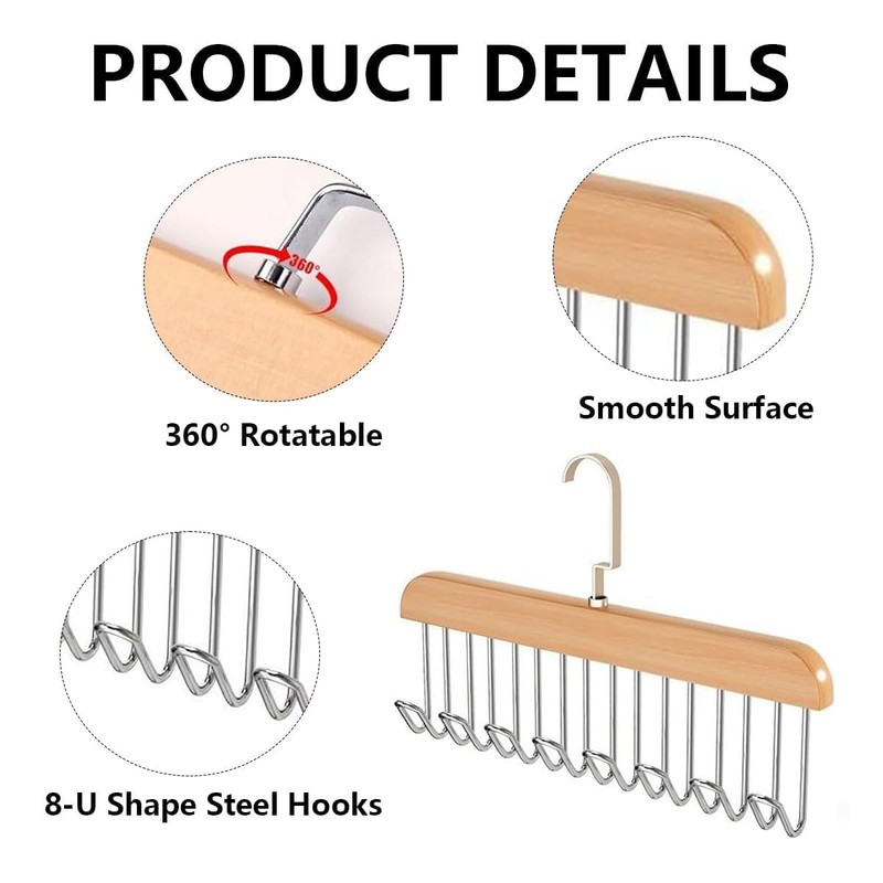 Belt Hanger for Closet,2 Pack Wooden Sturdy 8-Hook Belt Holder