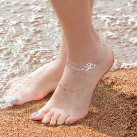 ORANGE FOREST Infinity Anklet for Women 925 Sterling Silver Adjustable Foot Heart Endless Love Symbol Layered Ankle Bracelet Beach Jewelry Gifts for Women