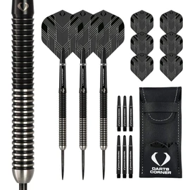 Darts Corner D0791 BlackFin | 26g Dart Set with High Quality 90% Tungsten Straight Shaft and Steel Tip - Includes 6 Flights, 6 Stems, Checkout Card and Storage Case, M1, Black
