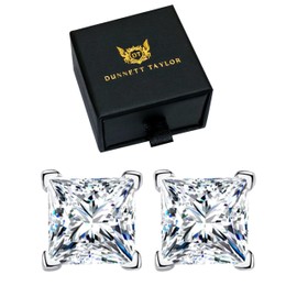 Dunnett Taylor White Gold Plated Sterling Silver 0.5ct Moissanite Stud Earrings D VVS1 Square Princess Cut 1.0CTTW per pair