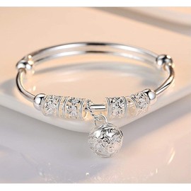 DUANMEINAD Women's S990 Sterling Silver Beads Bangle Transfer Lucky Beads Bracelet Cuff Open Design Silver Bells Palace Bell Bracelet