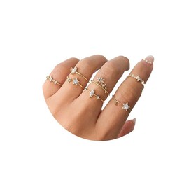 DXHYBF Boho Rhinestone Knuckle Rings Set Gold Star Moon Crystal Stackable Midi Finger Rings Vintage Non-Tarnish Rings Pack Jewelry Gift for Women (B)