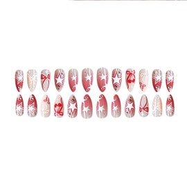 4th of July Press on Nails Medium Almond Nails Press ons Pearl Fake Nails with Bow Stars Designs Ombre Red Acrylic Nails Independence Day Glue on Nails Spring Summer Stick on Nails for Women 24Pcs