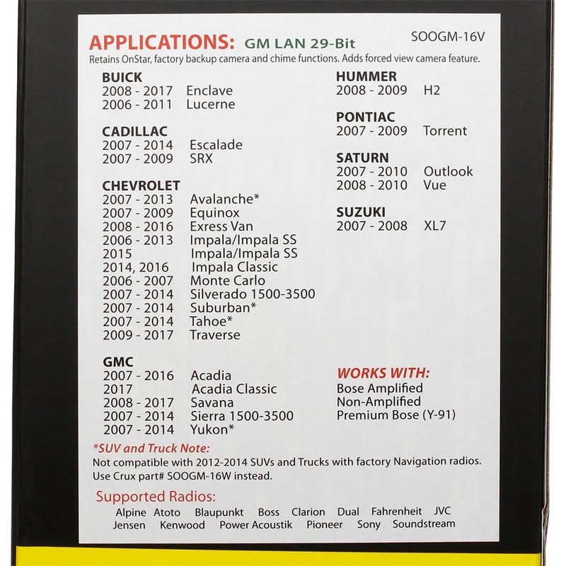 Crux SOOGM-16 Radio Replacement Interface (for select GM LAN 29-Bit