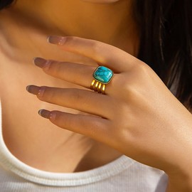 IMINI Square Turquoise Statement Ring for Women Girls Stainless Steel 18K Gold Plated Layered Stacking Band Open Adjustable Finger Bands Birthday Jewelry Gifts