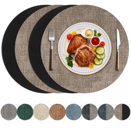 Enaskv Round Placemats Set of 4, Faux Leather Heat Resistant Place Mats Reversible Waterproof Oil-Proof Non-Slip Wipeable Mat for Kitchen Dining Table Indoor Outdoor, Black Khaki