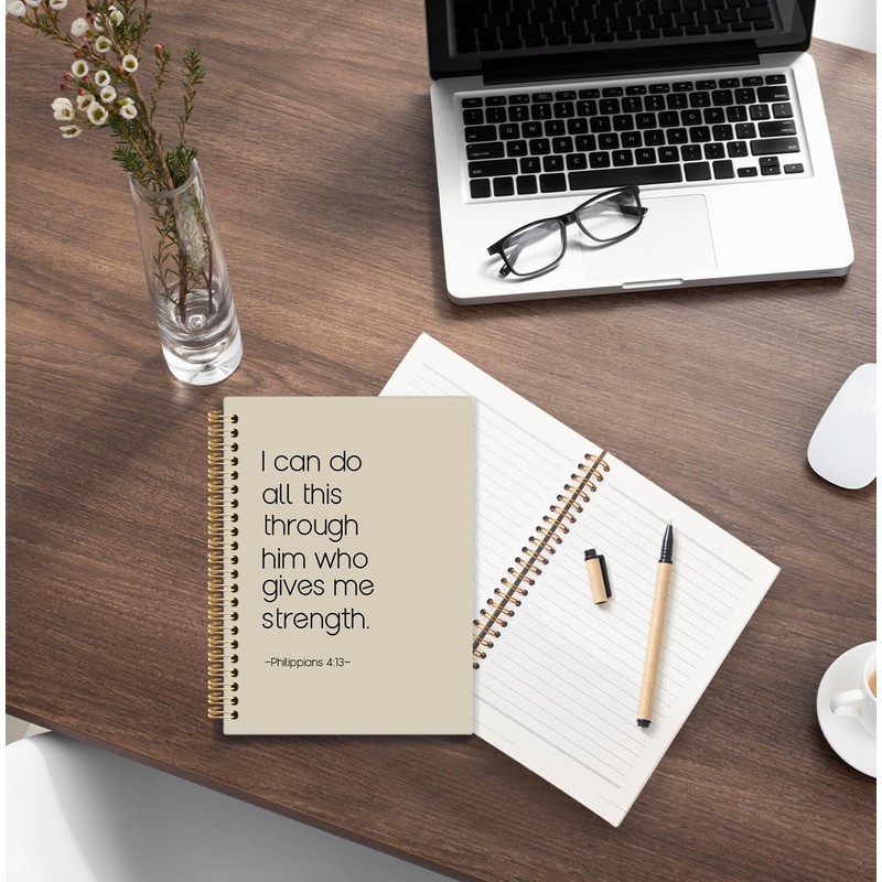 KRHFG Neutral Christian Spiral Notebook, Philippians 4:13 Bible Verse Journal,