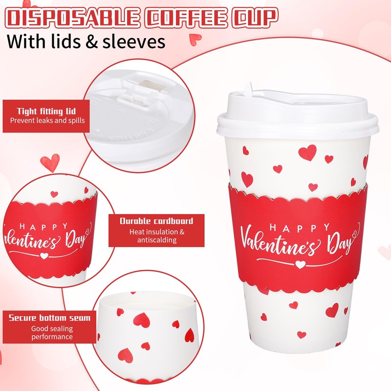 Whaline 50Pcs Valentine Disposable Coffee Cups With Lids And Sleeves