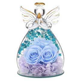 DEEMEI Preserved Real Flowers Birthday Gifts for Mom Grandma Wife Sister Pastor, Angel Figurine with Rose in Glass Cover for Easter Mother's Day Decor:_Light Blue