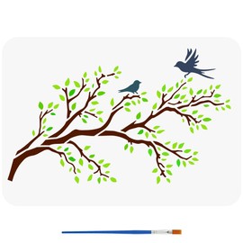 FINGERINSPIRE Tree Branches Stencil with Paint Brush 8.3x11.7inch Branches Leaves Painting Template Decorative Flying Birds Stencil for Painting Plant Theme Template for Wall Furniture Decoration