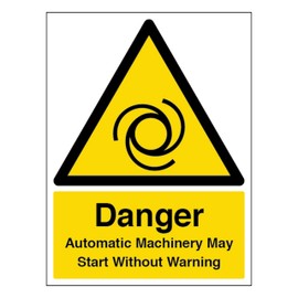 V Safety Danger Automatic Machinery May Start - Portrait 150 x 200mm - 1mm Rigid Plastic Safety Sign