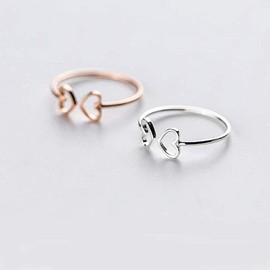 Thin Double Heart Love Open Ring for Women Teen Girls Little Girls S925 Sterling Silver Dainty Cute Tiny Adjustable Engagement Statement Promise Finger Knuckle Rings Daughter Birthday (Silver)
