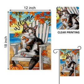 Covido Welcome Fall Cat Beach Chair Decorative Garden Flag, Autumn Pet Coastal Maple Leaves Pumpkin Yard Outside Decorations, Thanksgiving Nautical Outdoor Small Home Decor Double Sided 12 x 18