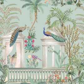 VEELIKE Vintage Chinoiserie Peel and Stick Wallpaper Green Tropical Peacock Wallpaper for Bedroom Bathroom Accent Wall 17.7''x118'' Self Adhesive Contact Paper Removable Bird Floral Wall Covering