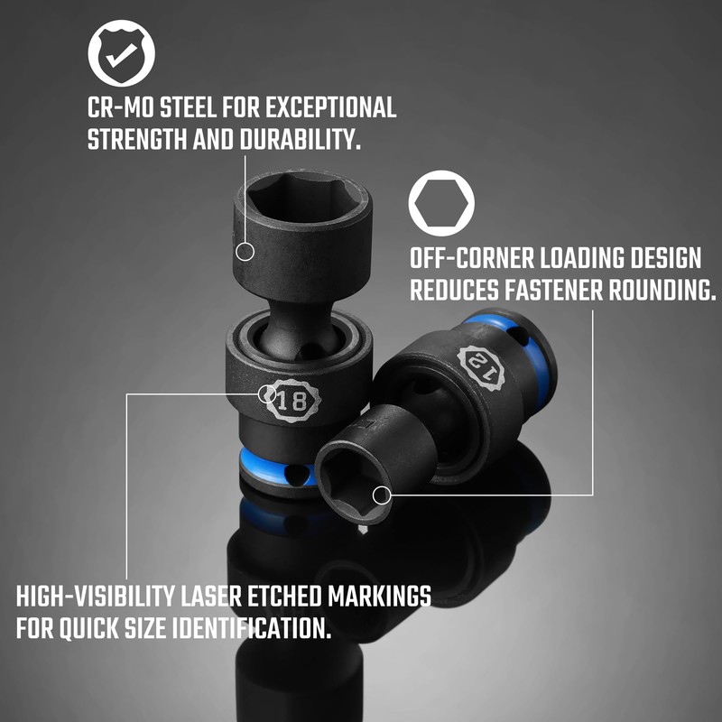 DURATECH 3/8" Drive Impact Universal Joint Socket Set, Swivel Socket
