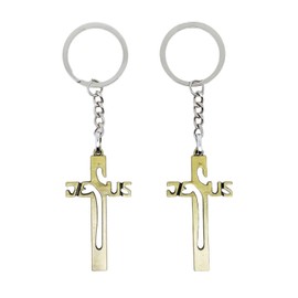 EagleeSooar 2PCS Cross JESUS Car Keychain - Metal Keyrings for Men Women, 4.41", Christian Key Ring for Bags, Bronze, 4.41x1.18"