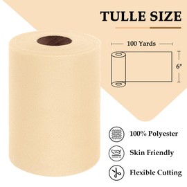 Soft Beige Tulle Fabric Roll 6 Inch by 100 Yards (300 feet) Sheer Tulle Netting Spool Tulle Ribbon for Tutu Skirt Gift Wrapping Wedding Baby Shower Party Decorations DIY Crafts