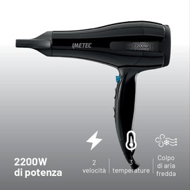 Imetec S6 2200 Asciugacapelli 2200W con Diffusore e Concentratore, Phon per Capelli Lisci, Mossi e Ricci, 2 Velocità, 3 Temperature, Colpo Aria Fredda, Filtro Removibile