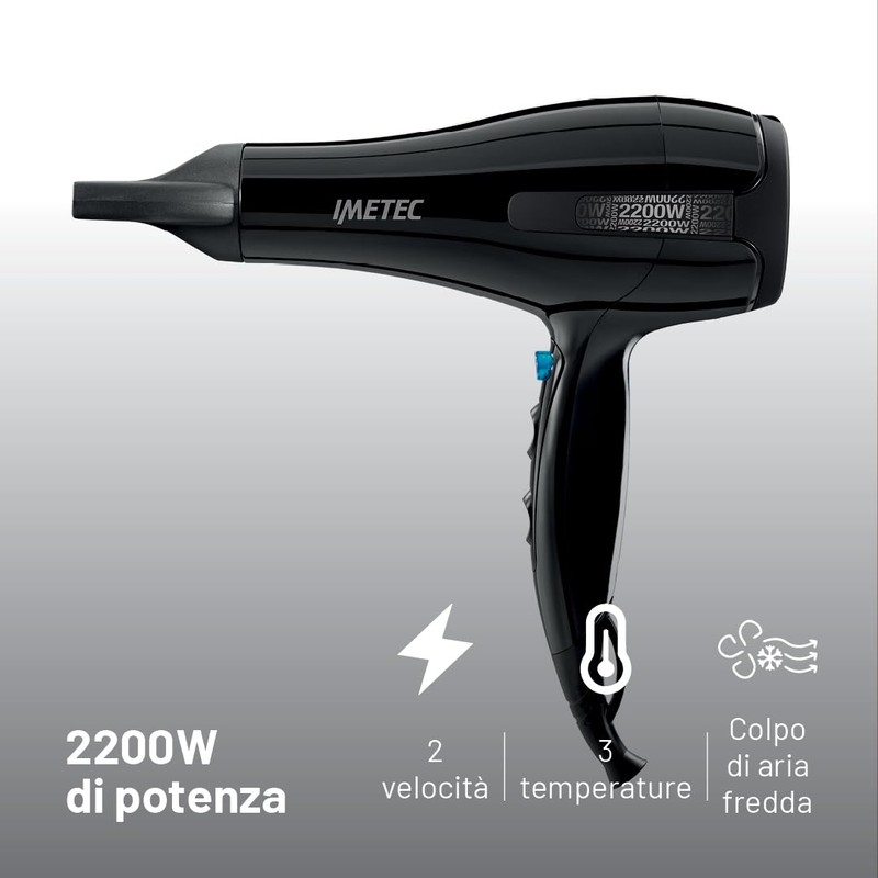 Imetec S6 2200 Asciugacapelli 2200W con Diffusore e Concentratore, Phon