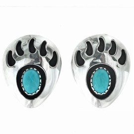 Native American Turquoise Silver Earrings Sterling Shadowboxed Bear Paw Studs 0042