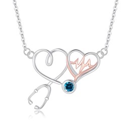 PARYFO S925 Sterling Silver Nurse Necklace Rose Gold Heartbeat Pendant with Clear Austria Crystal Women Stethoscope Medical Hearts Necklace Jewelry Gifts for Medical Student Doctor（Aquamarine）