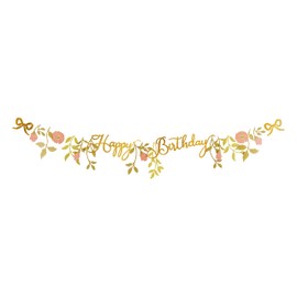 Floral Happy Birthday Banner – Pink & Gold Paper Garland with Gold String, 1.3m, Elegant Cursive Script with Flowers, Birthday Decoration for Women & Girls, Garden or Botanical Theme