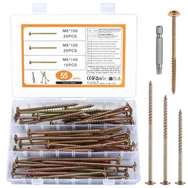 55 Pcs M6 Wood Screws Assortment, Decking Screws, Torx Screws Set, Torx Drive Wafer Head Cabinet Screws, Washer Head Screws, Self Tapping Screws for Furniture Terrace Screws, 6 x 100mm/120mm/140mm